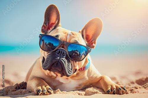 ai generative, illustration of a french bulldog with sunglasses at a beach