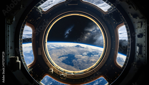 A stunning planet is viewed from the porthole window of a starship. Its brilliant blue surface is accented by illuminated atmosphere, visible against the infinite expanse of space. Generative Ai.