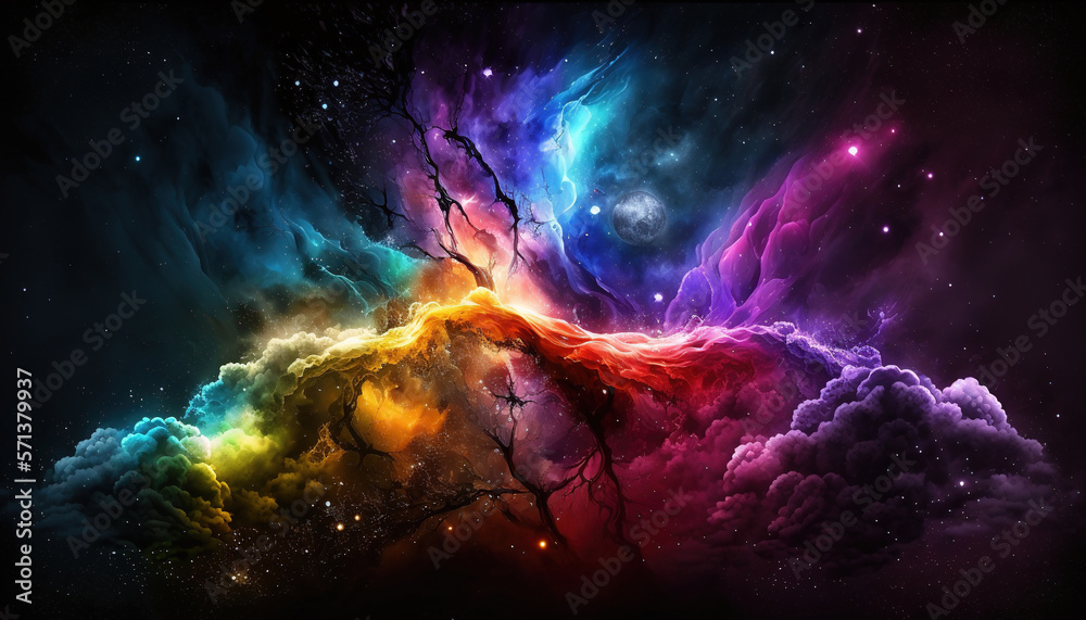 An abstract and surreal design on this abstract fantasy galaxy background. The image is a mesmerizing spectacle of stars, iridescent nebula clouds and fantastic space. Generative AI.