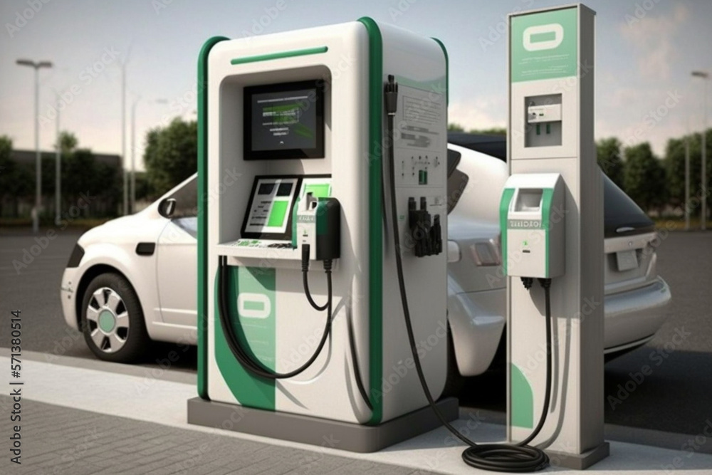 Electric car charging station design concept. Renewable green energy. Ai generated Electric car charging station design concept. Renewable green energy. Ai generated