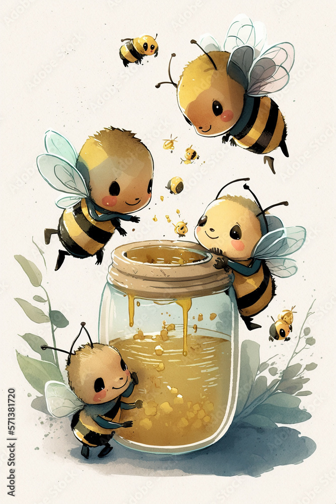 Whimsical bumblebees honey bees around hey jar of honey Stock ...