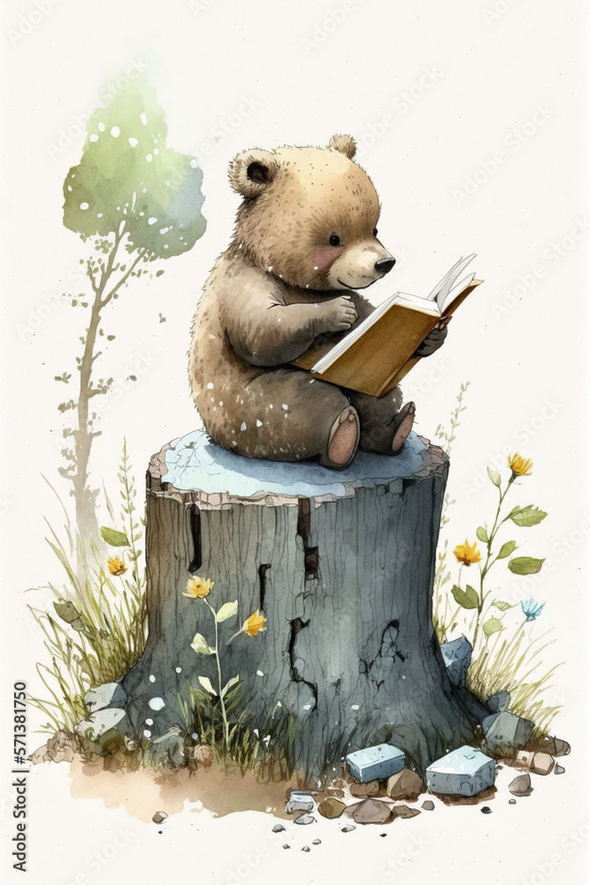 Bear sitting on a stump in the forest reading a book watercolor ...