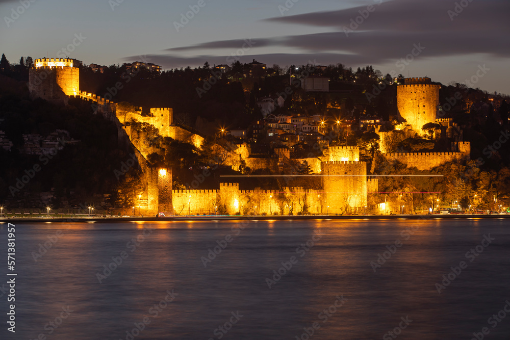 Fatih Sultan Mehmet Bridge  and Rumeli Fortress in the Night Lights Photo, Kavacık Beykoz, Istanbul Turkiye

