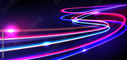 Dynamic light motion, light trail, high speed effect, traffic motion. light motion effect, slow shutter of traffic, neon streaks, retro synthwave style, vector illustration