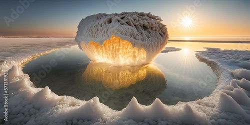 At Ein Bokek beach in Israel, the morning sun shines on salt crystal formations and the clear, calm water nearby. Generative AI