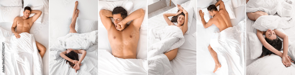 Collage of young naked man and woman sleeping in bed Collage of young naked man and woman sleeping in bed