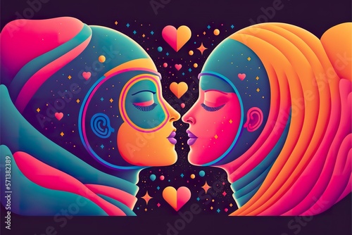 Two soulmates meet each other in space. Flat illustration. Created with Generative AI 