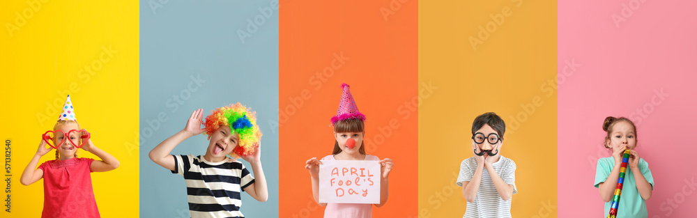 Set of funny children on colorful background. April Fools Day celebration - obrazy, fototapety, plakaty 