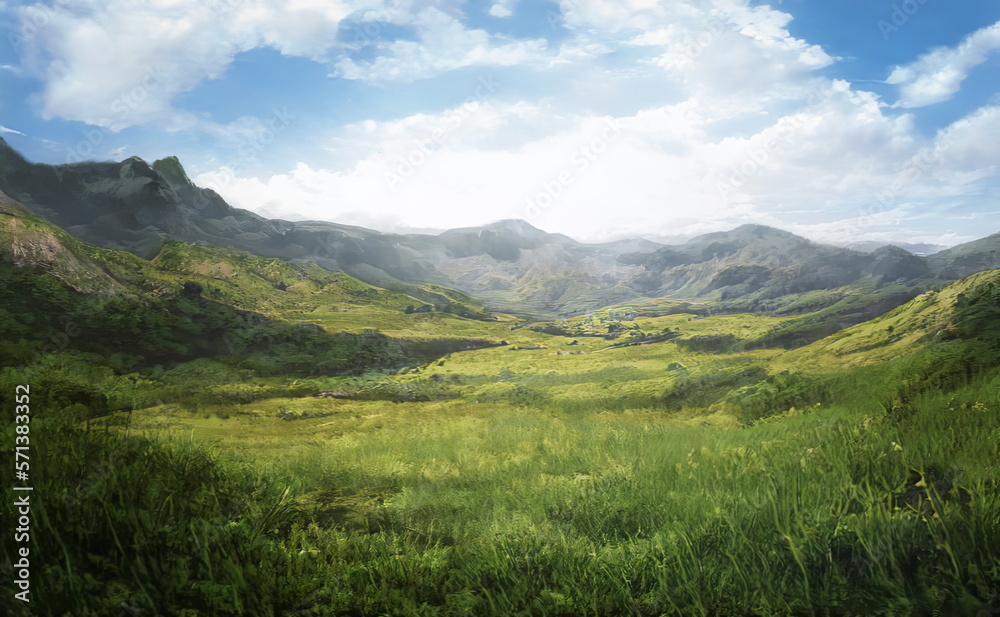 Fantastic Epic Magical Landscape of Mountains. Summer nature. Mystic Valley, tundra, forest, hills. Game assets. Celtic Medieval RPG gaming background. Rocks and grass. Generative AI