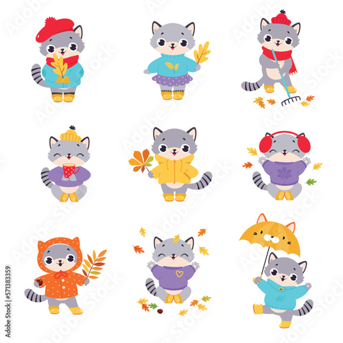 Cute Kitten in Scarf and Warm Clothes in Autumn Season with Bright Foliage Vector Set