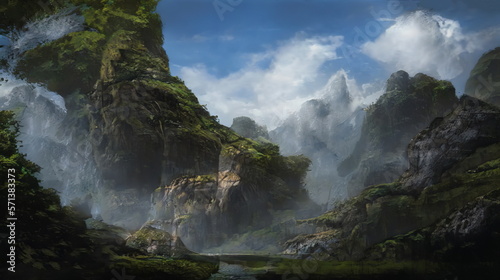 Fantastic Epic Magical Landscape of Mountains. Summer nature. Mystic Valley  tundra  forest  hills. Game assets. Celtic Medieval RPG gaming background. Rocks and grass. Generative AI