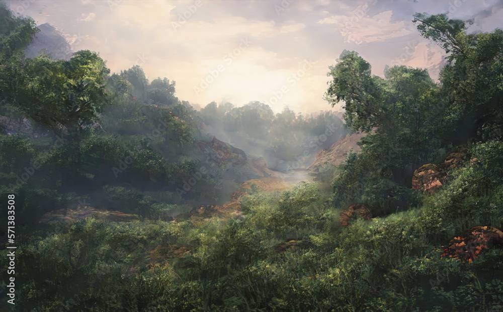 Fantastic Epic Magical Landscape of Mountains. Summer nature. Mystic Valley, tundra, forest, hills. Game assets. Celtic Medieval RPG gaming background. Rocks and grass. Generative AI Fantastic Epic Magical Landscape of Mountains. Summer nature. Mystic Valley, tundra, forest, hills. Game assets. Celtic Medieval RPG gaming background. Rocks and grass. Generative AI