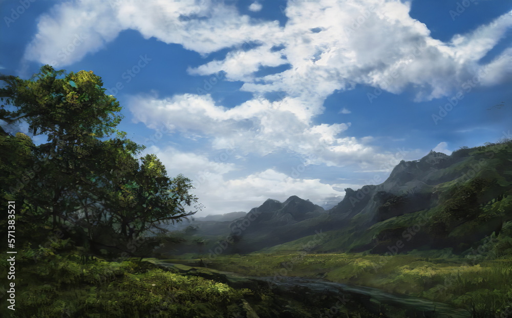 Fantastic Epic Magical Landscape of Mountains. Summer nature. Mystic Valley, tundra, forest, hills. Game assets. Celtic Medieval RPG gaming background. Rocks and grass. Generative AI Fantastic Epic Magical Landscape of Mountains. Summer nature. Mystic Valley, tundra, forest, hills. Game assets. Celtic Medieval RPG gaming background. Rocks and grass. Generative AI