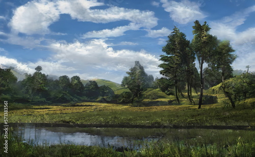 Fantastic Epic Magical Landscape of Mountains. Summer nature. Mystic Valley, tundra, forest, hills. Game assets. Celtic Medieval RPG gaming background. Rocks and grass. Generative AI
