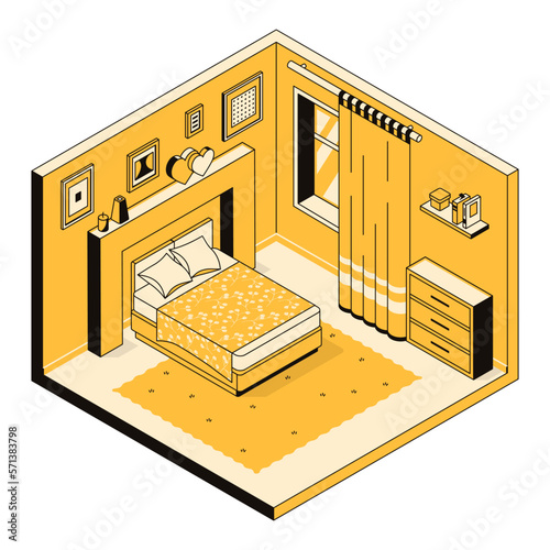 3d interior design bedroom, apartment, house, hotel room, hostel. Living room furniture plan. Cozy room with bed, window, chest of drawers, curtains and carpet. Vector outlined isometric illustration