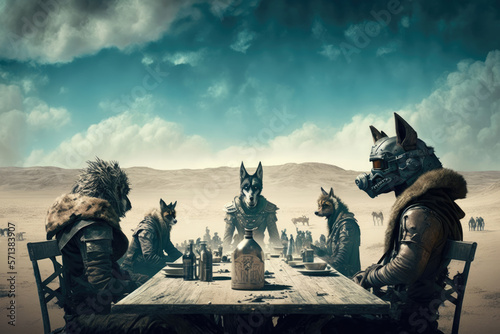 Meeting wolves at the table in a post-apocalyptic style