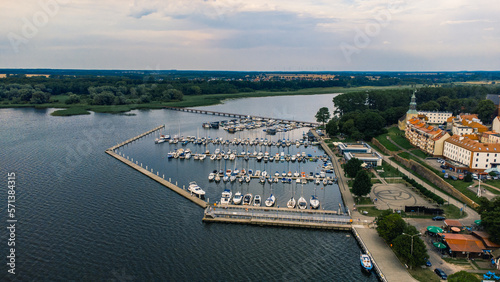 Yachts at the pier near old town from above, Kamien Pomorski, Poland photo