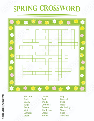 Spring Crossword Puzzle, green frame with yellow, pink and white flowers