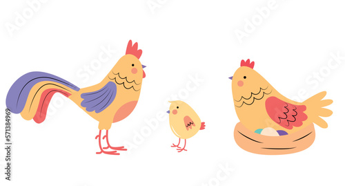 Set of cute hen rooster and chicken in flat cartoon style.	