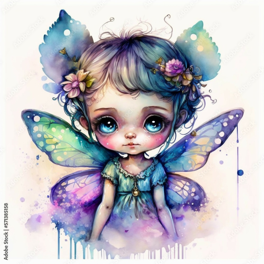 Fototapeta premium Watercolor Fairy Wings Cute Girl