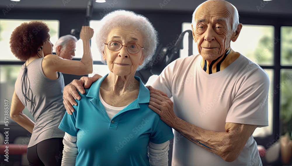 A happy elderly couple at gym rehab. Active seniors - Generative AI
