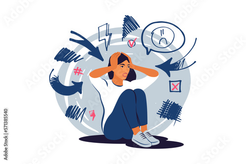 Mental disorder concept. Nervous woman with mental problem feeling anxiety. Vector illustration.