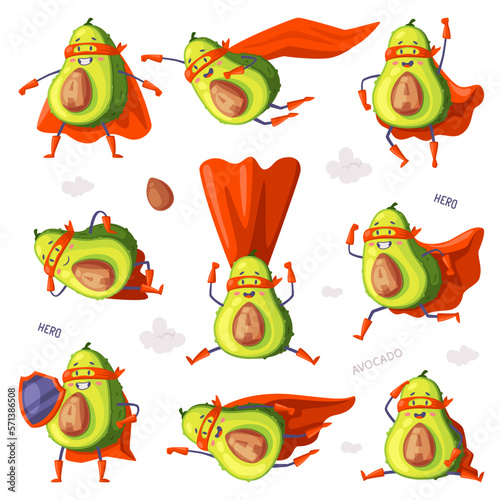 Funny Green Avocado Superhero Character Wearing Red Cloak or Cape and Mask as Justice Fighter Vector Set