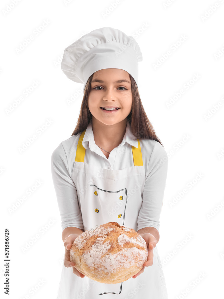 Little baker with fresh bread on white background Little baker with fresh bread on white background