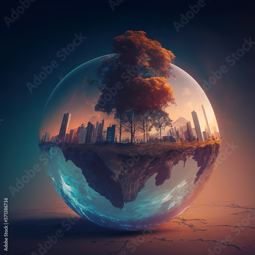 Buildings and a large sprouted tree inside a huge bubble