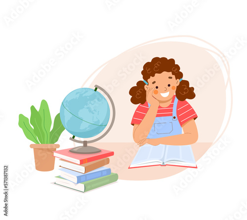 Little girl sits at desk and reads book. On table are stack of books, globe, houseplant. Lesson at school, study at home. Concept of children's education, literacy, diligence. Vector illustration.