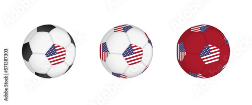 Collection football ball with the USA flag. Soccer equipment mockup with flag in three distinct configurations.