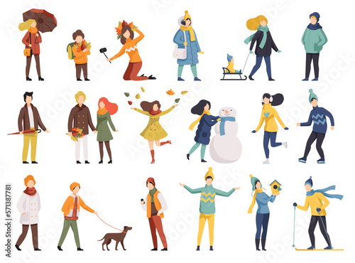 People outdoor activities in winter and autumn seasons set. People wearing warm clothes walking, skiing, skating and making snowman vector illustration