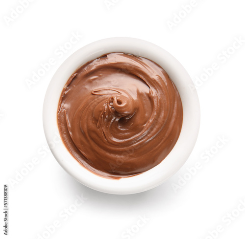Bowl of delicious chocolate pudding isolated on white background