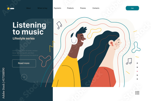 Lifestyle web template - Listening to music - modern flat vector illustration of a man and a woman with buds and headphones listaening to music surrounded by waves. People activities concept