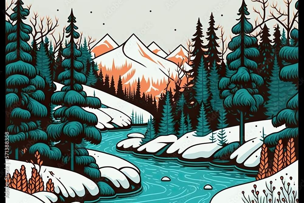 Winter landscape flat illustration created with Generative AI technology