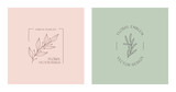 Set of vector feminine floral emblems. Elegant  logo designs with linear branches and frame.Modern botanical badges in trendy minimalist style.Branding design templates.