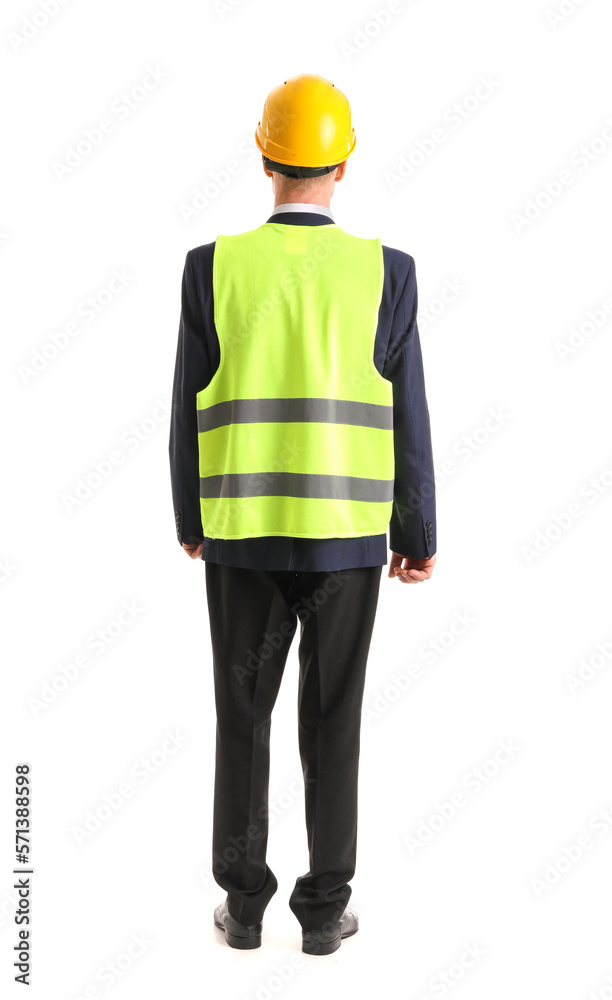 Male architect in vest on white background, back view Male architect in vest on white background, back view