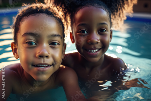 Happy children in a swimming pool, Summer vacation. Cooling off in summer. Summer heat. ia generate © MoniStock