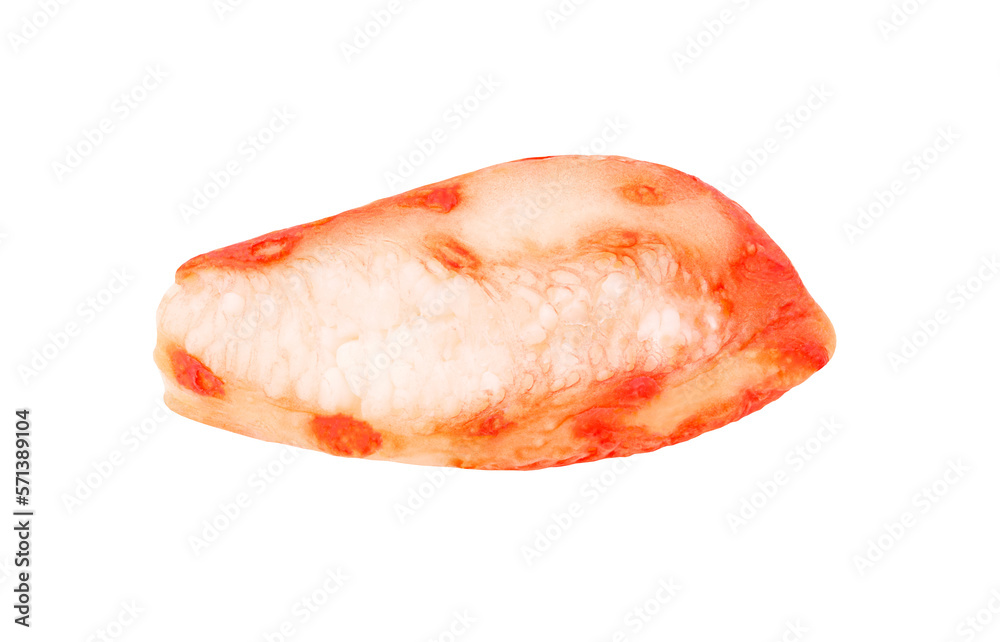 Crab meat cooked, red or white, one purified phalanx, isolated on white background with clipping path Crab meat cooked, red or white, one purified phalanx, isolated on white background with clipping path