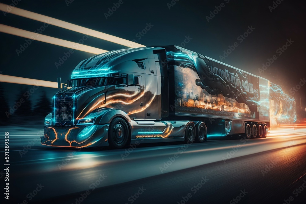 Futuristic autonomous truck on the highway. Midnight city background fast motion. Generative ai