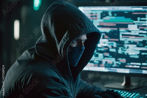 The Digital Rebel: Angry Hooded Hacker by a Massive Screen.Generative ai