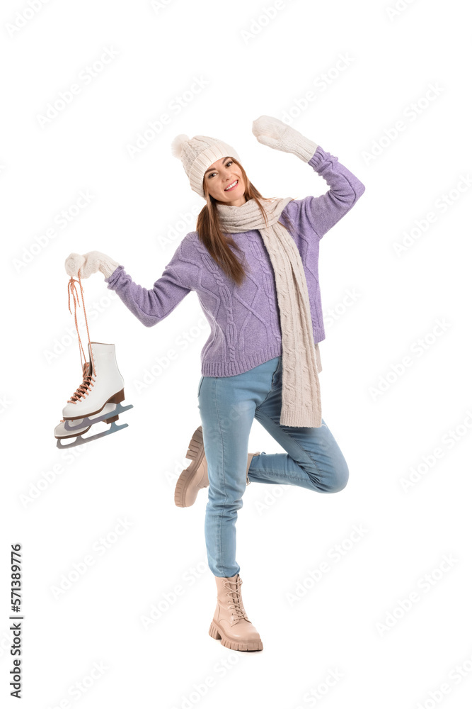 Pretty young woman with ice skates isolated on white background Pretty young woman with ice skates isolated on white background