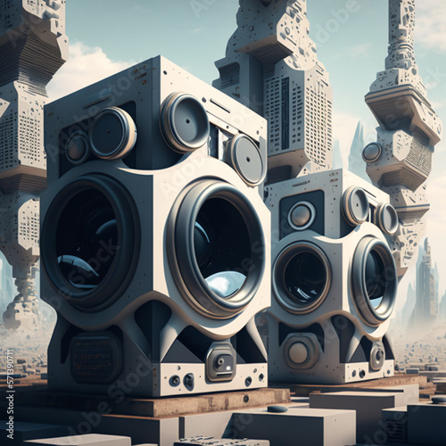 Abstract futuristic world with speakerboxes on street photo