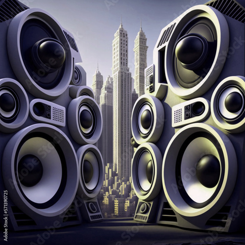 Fantastic world with speakerboxes. Modern city background