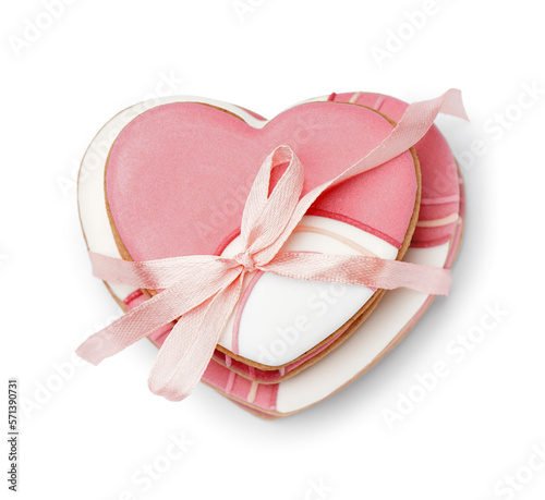 Delicious heart shaped cookies for Valentine's Day celebration on white background