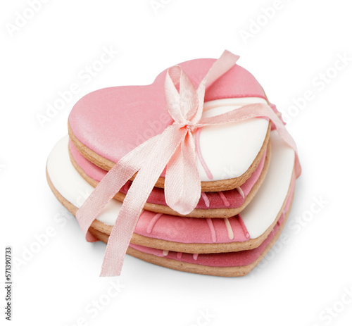 Delicious heart shaped cookies for Valentine's Day celebration on white background