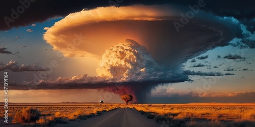 Huge, beautiful thundercloud that the sunset has illuminated. Orange grass has overtaken the steppe. Argentina's never ending prairie and the renowned dirt road Ruta 40. Generative AI photo
