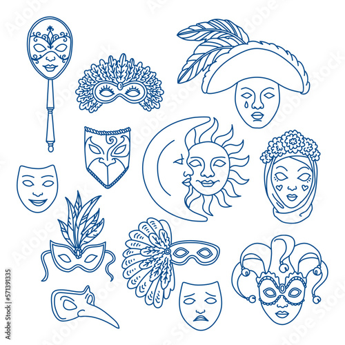 Venice carnival traditional masks. Hand drawn vector illustration. Outline stroke is not expanded, stroke weight is editable