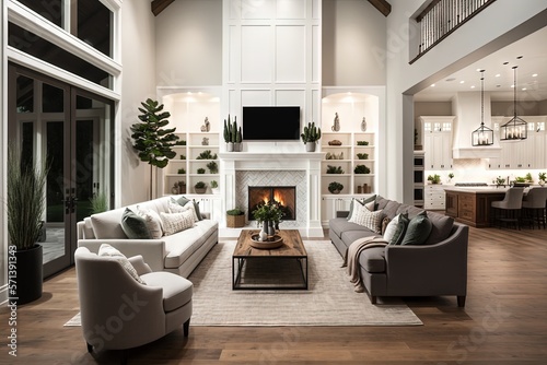 Beautiful living room with hardwood floors and fireplace in new luxury home. Generative AI