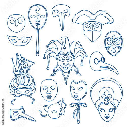 Venice carnival traditional masks. Hand drawn vector illustration. Outline stroke is not expanded, stroke weight is editable